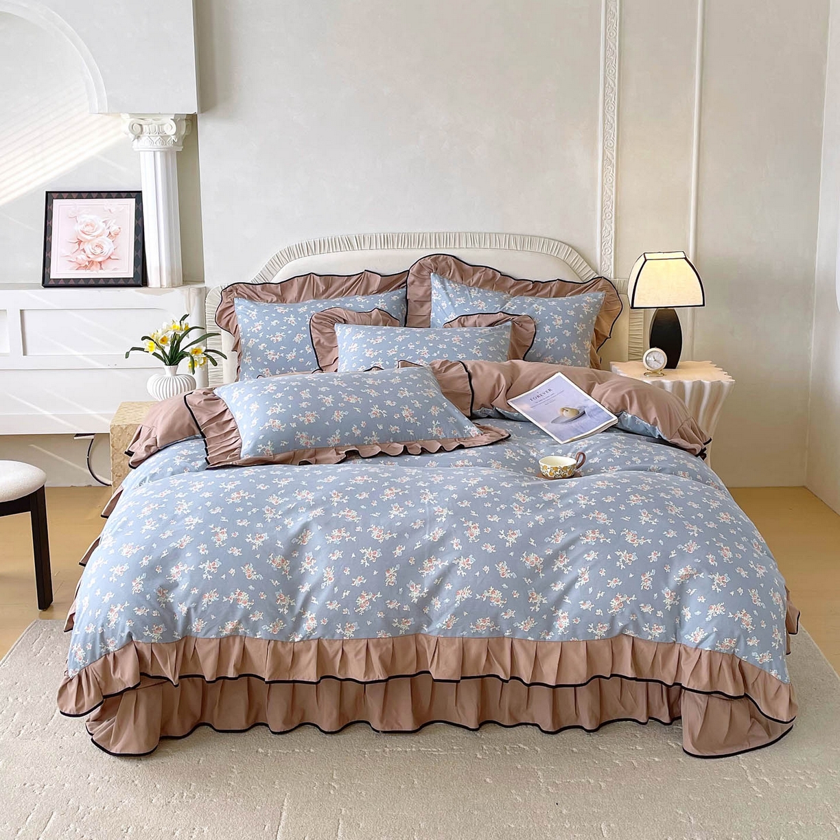 锦彩家居 2026新款花边小碎花床盖四件套 椿庭怀蓝