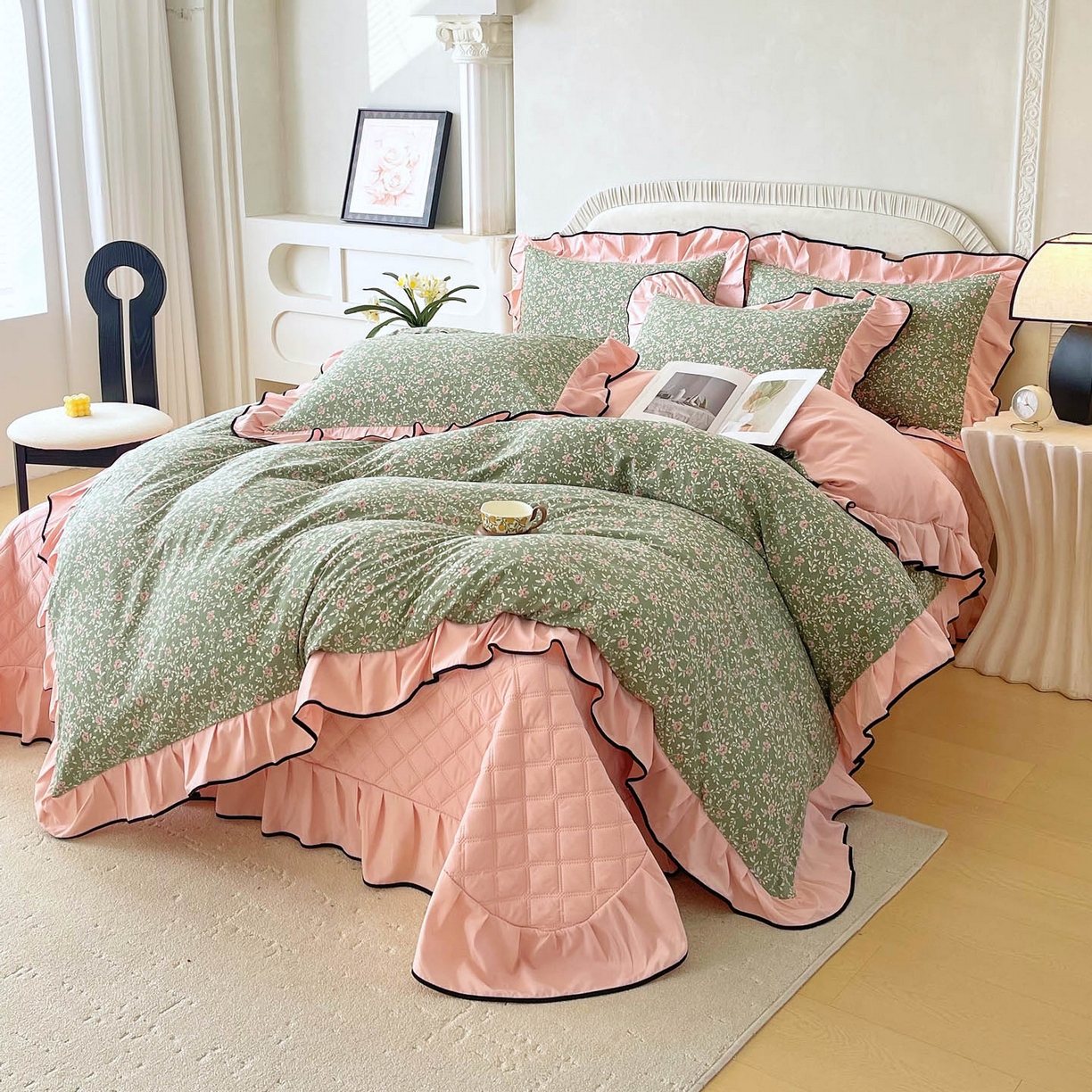 91家纺网 家纺一手货源 找家纺 锦彩家居 2026新款花边小碎花床盖四件套 秘密花园