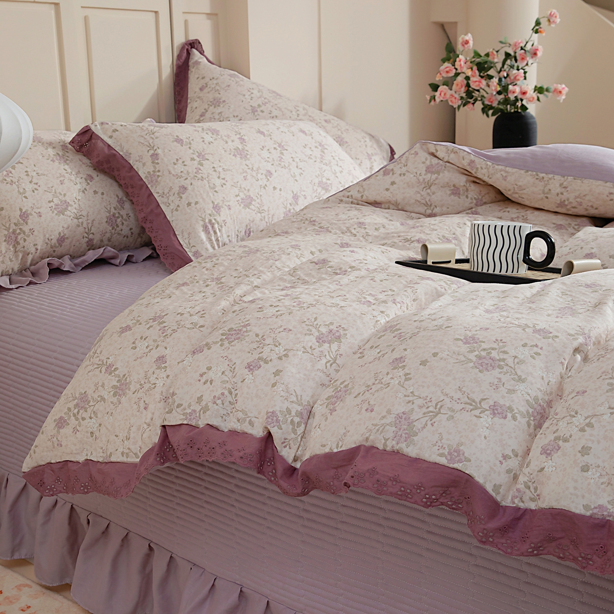 91家纺网 家纺一手货源 找家纺 情煊家纺 2026新款全棉双层纱花边款绣花款单被套 绣花款-巴黎晚香