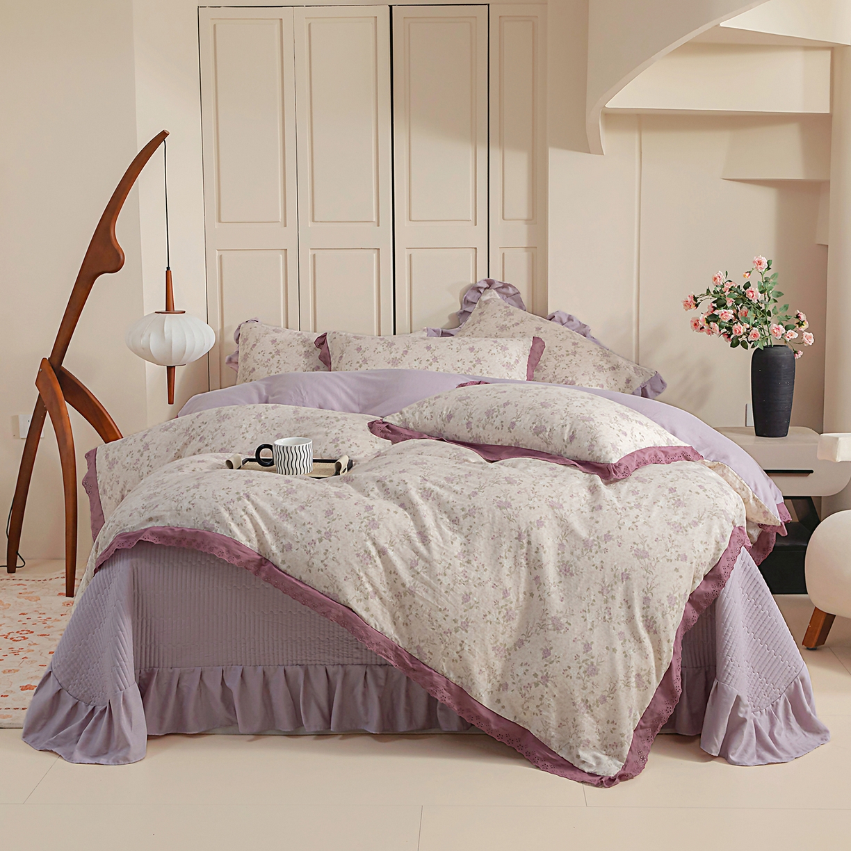 91家纺网 家纺一手货源 找家纺 情煊家纺 2026新款全棉双层纱花边款绣花款单被套 绣花款-巴黎晚香