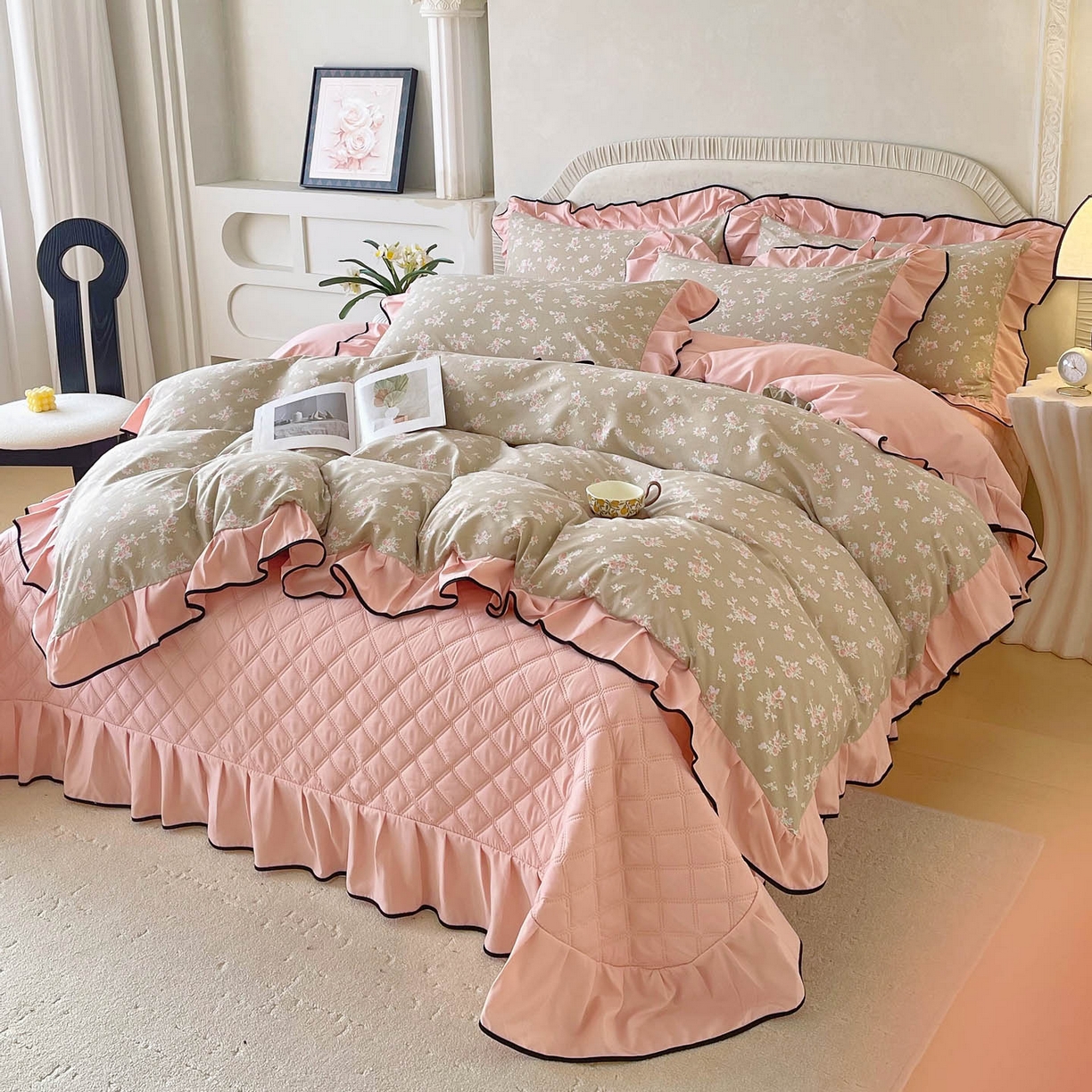 91家纺网 家纺一手货源 找家纺 锦彩家居 2026新款花边小碎花床盖四件套 花漾甜心