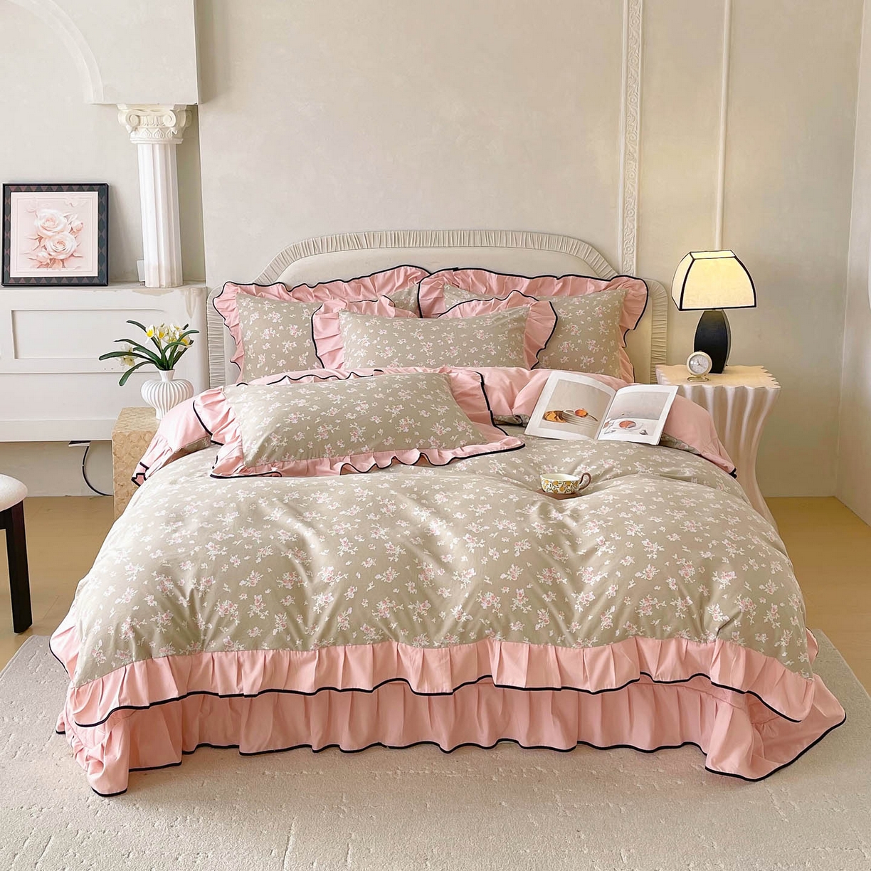 锦彩家居 2026新款花边小碎花床盖四件套 花漾甜心