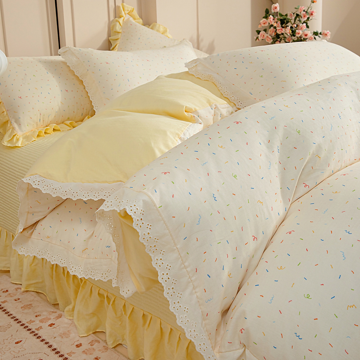 91家纺网 家纺一手货源 找家纺 情煊家纺 2026新款全棉双层纱花边款绣花款单被套 绣花款-冰淇淋