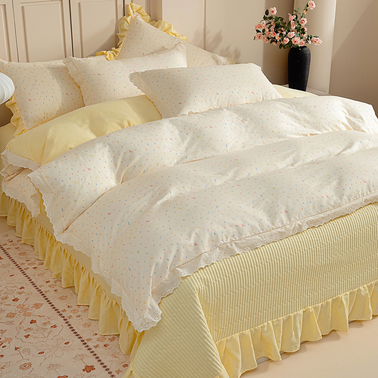 91家纺网 家纺一手货源 找家纺 情煊家纺 2026新款全棉双层纱花边款绣花款单被套 绣花款-冰淇淋