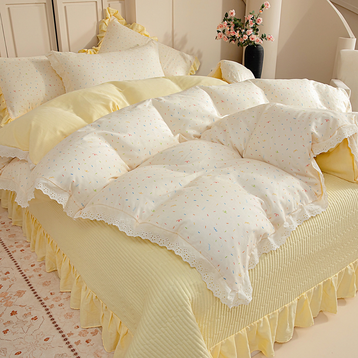 91家纺网 家纺一手货源 找家纺 情煊家纺 2026新款全棉双层纱花边款绣花款单被套 绣花款-冰淇淋