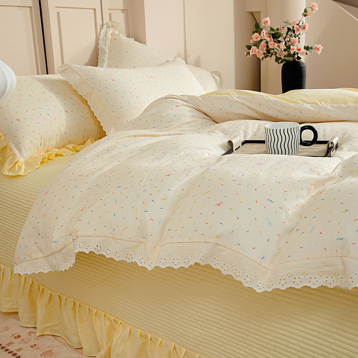 91家纺网 家纺一手货源 找家纺 情煊家纺 2026新款全棉双层纱花边款绣花款单被套 绣花款-冰淇淋