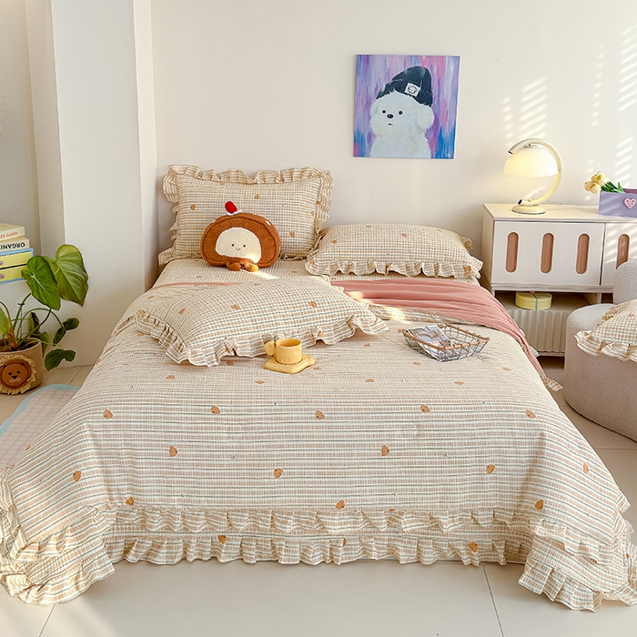 91家纺网 家纺一手货源 找家纺 归属 2026春夏新款古法仿棉单床盖床盖三件套 条纹南瓜