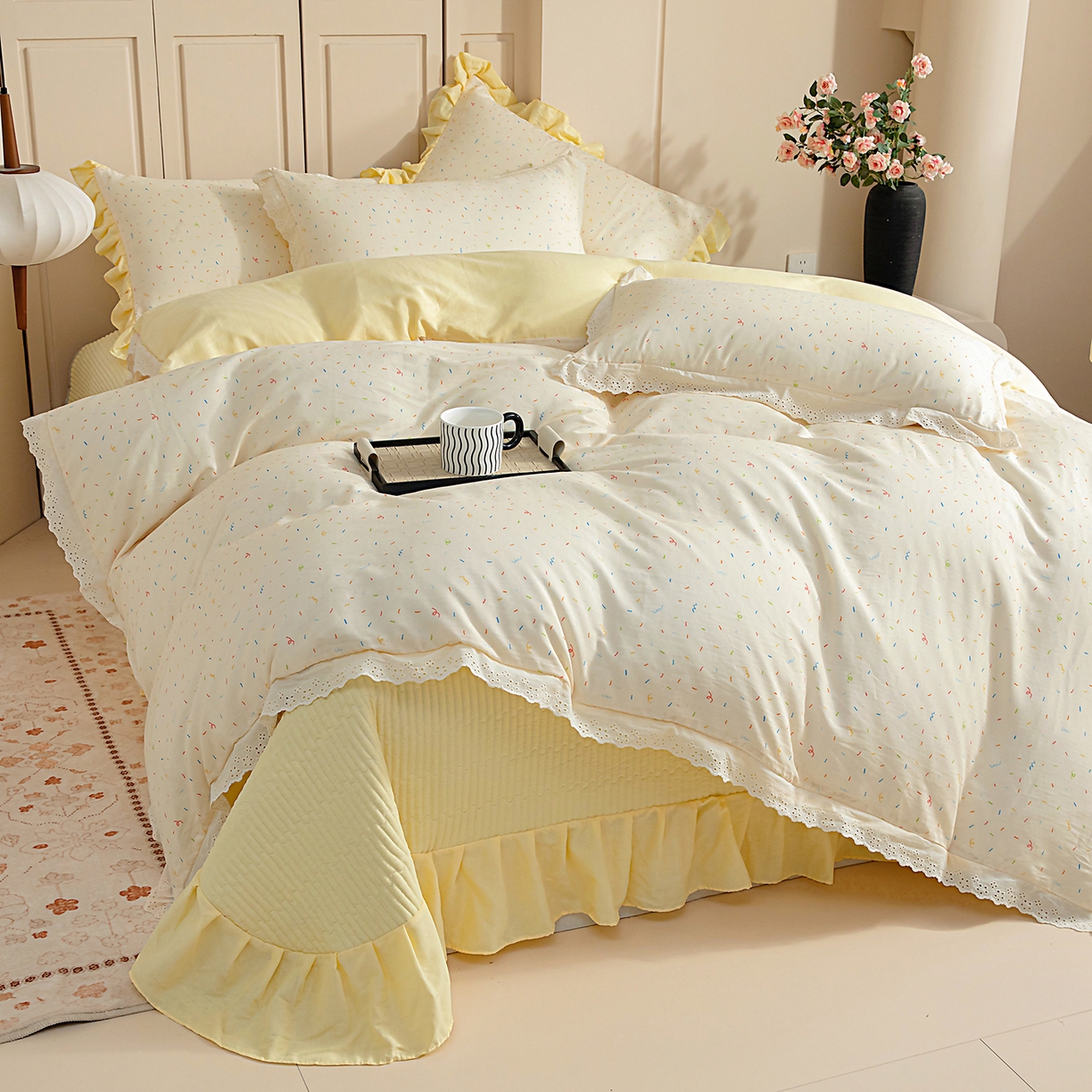 91家纺网 家纺一手货源 找家纺 情煊家纺 2026新款全棉双层纱花边款绣花款单被套 绣花款-冰淇淋