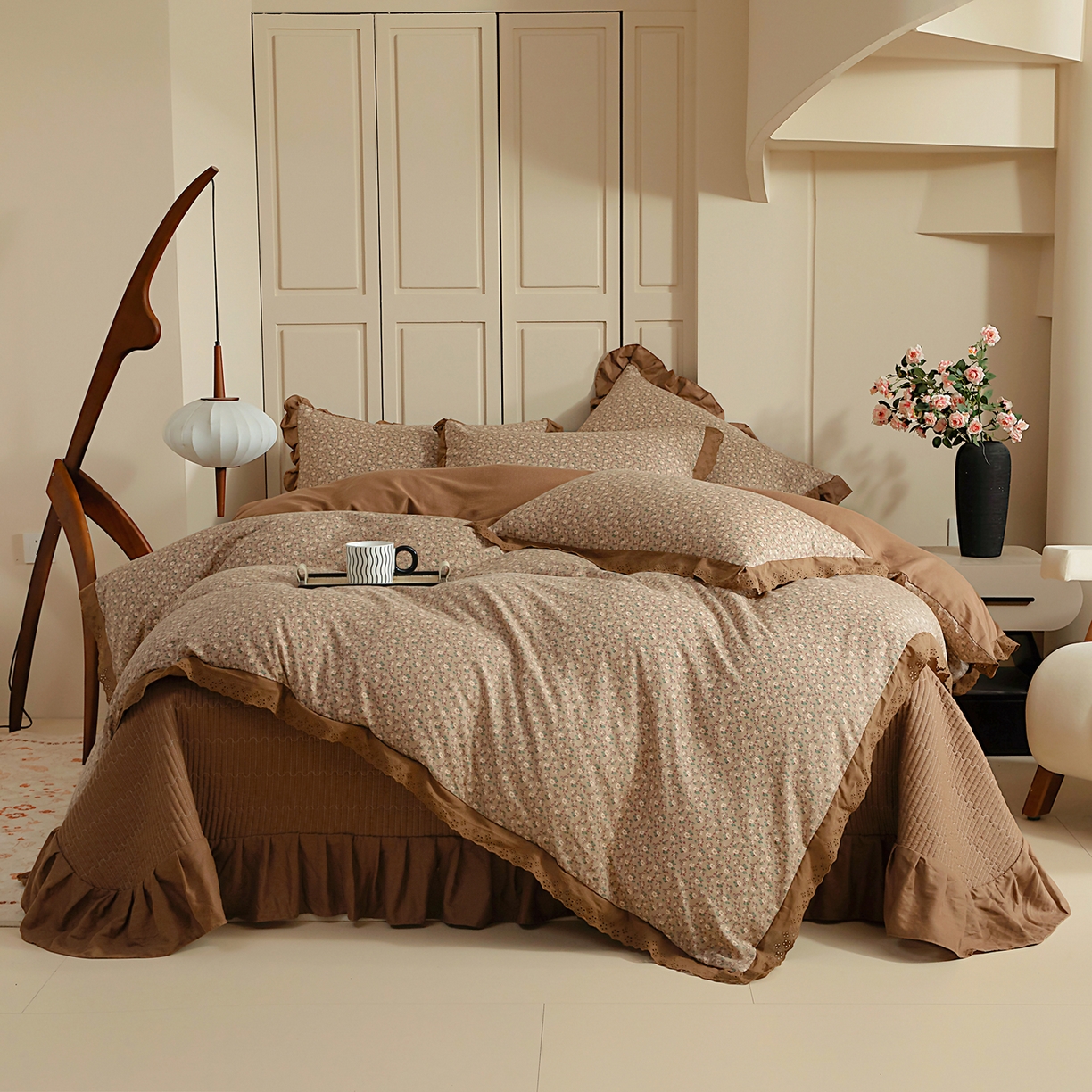 91家纺网 家纺一手货源 找家纺 情煊家纺 2026新款全棉双层纱花边款绣花款单被套 绣花款-绯红