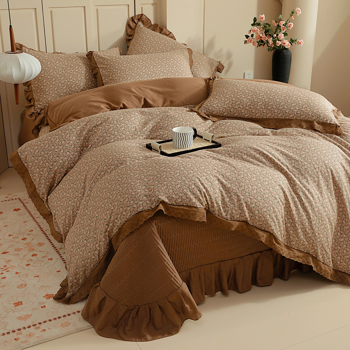 91家纺网 家纺一手货源 找家纺 情煊家纺 2026新款全棉双层纱花边款绣花款单被套 绣花款-绯红