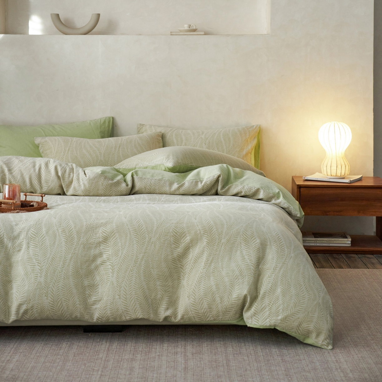 91家纺网 家纺一手货源 找家纺 如一 2026新款色织提花全棉水洗棉四件套第一批 叶笙-绿