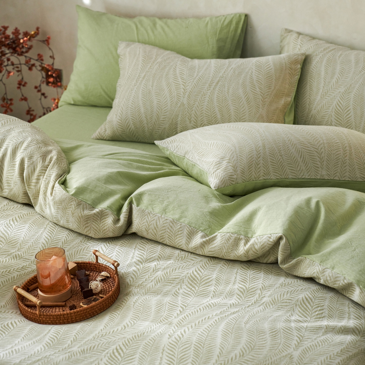 91家纺网 家纺一手货源 找家纺 如一 2026新款色织提花全棉水洗棉四件套第一批 叶笙-绿