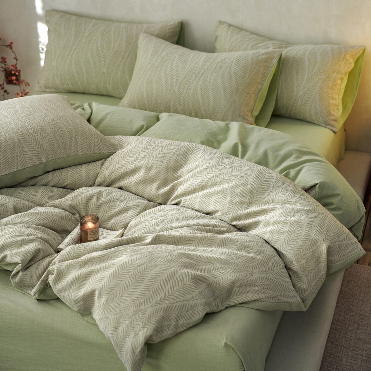 91家纺网 家纺一手货源 找家纺 如一 2026新款色织提花全棉水洗棉四件套第一批 叶笙-绿