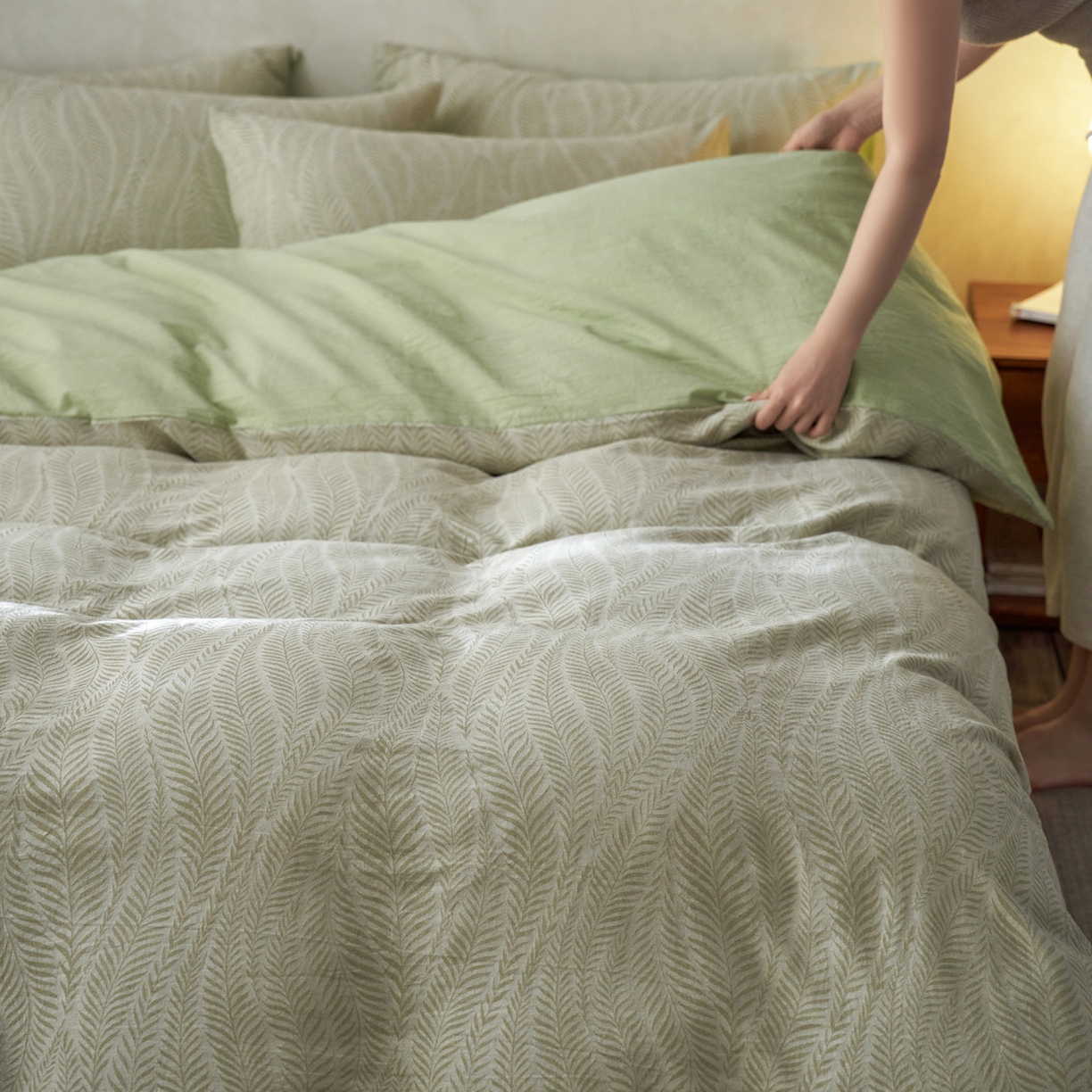 91家纺网 家纺一手货源 找家纺 如一 2026新款色织提花全棉水洗棉四件套第一批 叶笙-绿