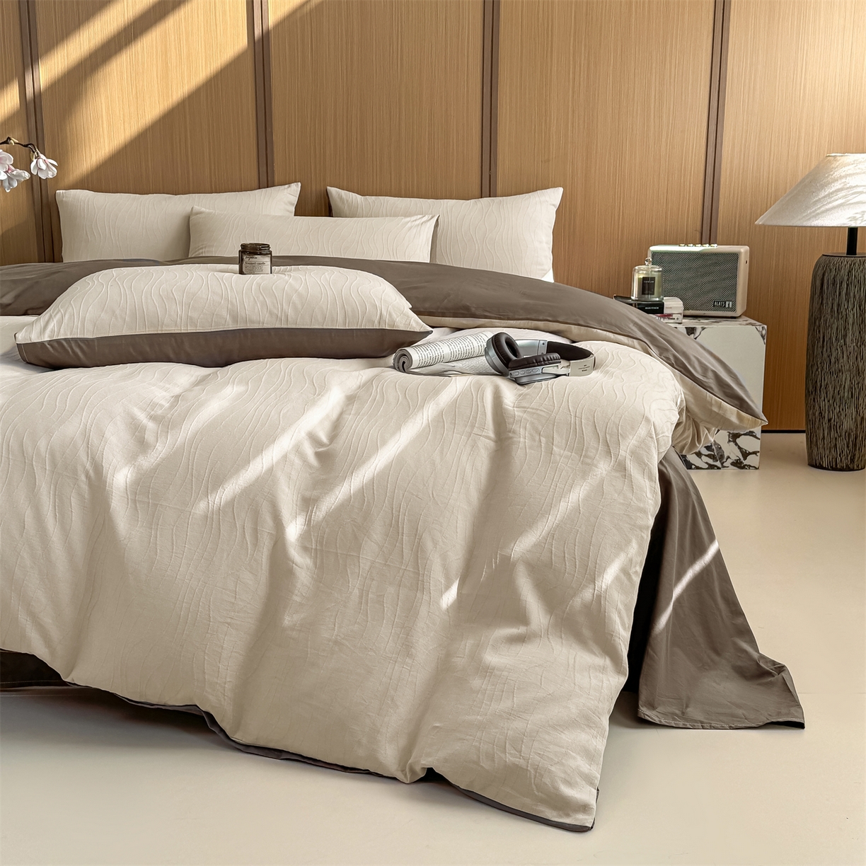 91家纺网 家纺一手货源 找家纺 灰鲸 2026新款全棉纯棉三层纱色织提花四件套 浅忆-可可奶咖