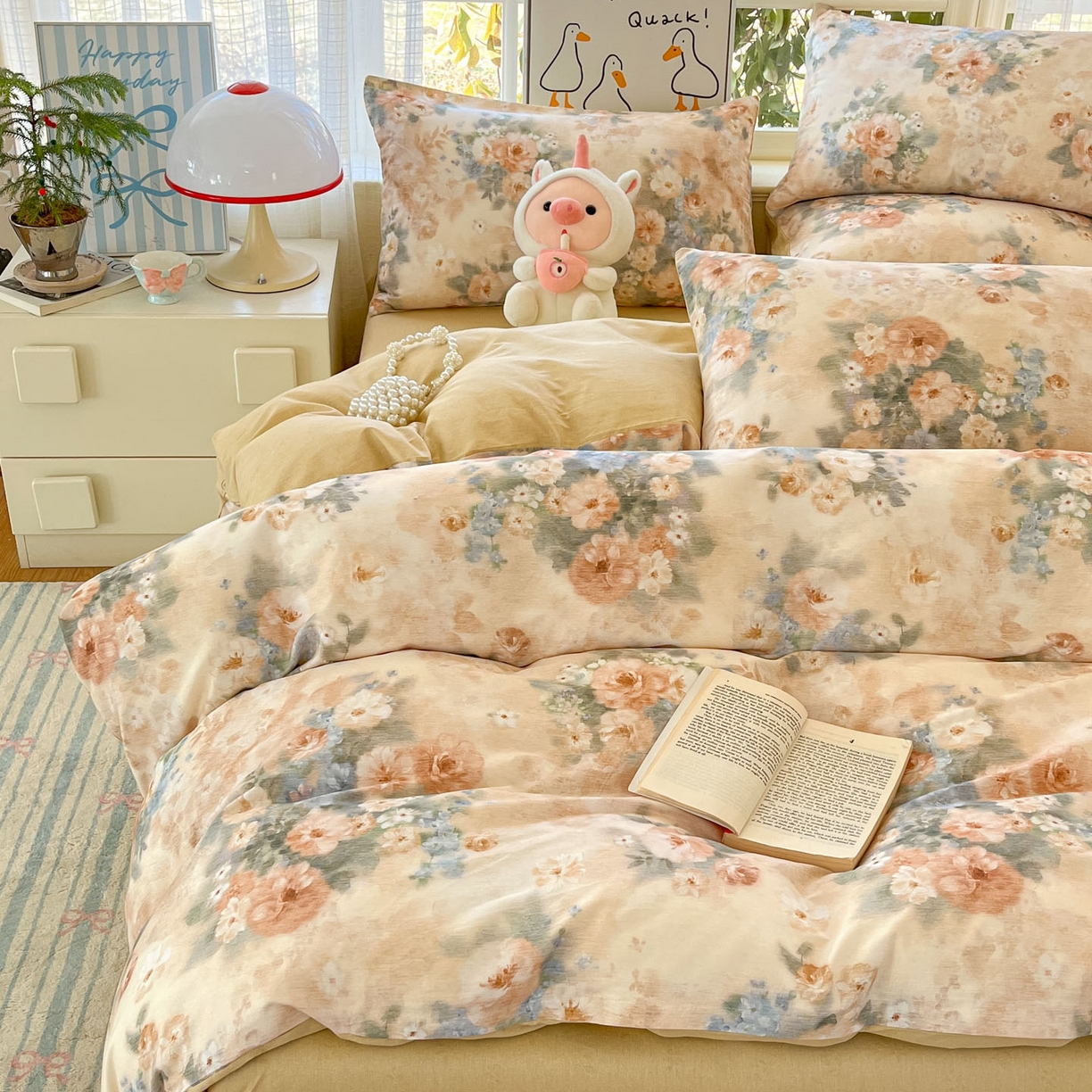 91家纺网 家纺一手货源 找家纺 睡美美家纺 2026新款全棉纯棉斜纹印花喷气小清新四季款学生三件套四件套 锦绣园