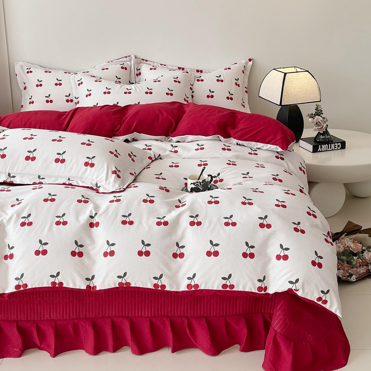 91家纺网 家纺一手货源 找家纺 锦彩家居 2026新款皱皱水洗棉床盖四件套 樱桃蜜语