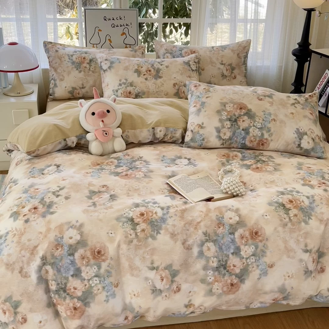 91家纺网 家纺一手货源 找家纺 睡美美家纺 2026新款全棉纯棉斜纹印花喷气小清新四季款学生三件套四件套 锦绣园