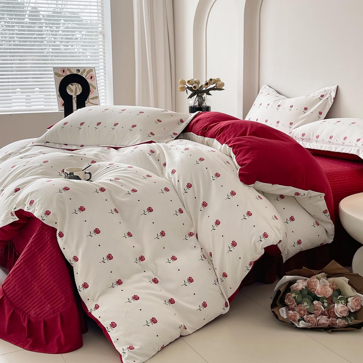 91家纺网 家纺一手货源 找家纺 锦彩家居 2026新款皱皱水洗棉床盖四件套 卡地亚-红