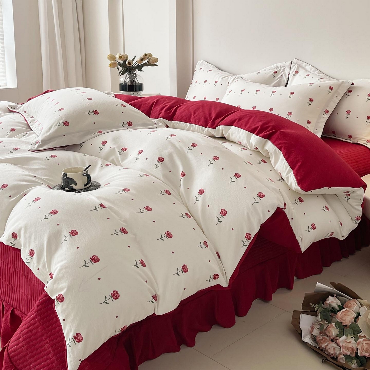 91家纺网 家纺一手货源 找家纺 锦彩家居 2026新款皱皱水洗棉床盖四件套 卡地亚-红