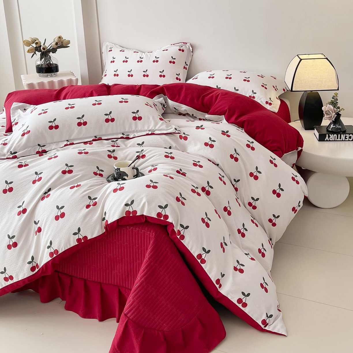 91家纺网 家纺一手货源 找家纺 锦彩家居 2026新款皱皱水洗棉床盖四件套 樱桃蜜语