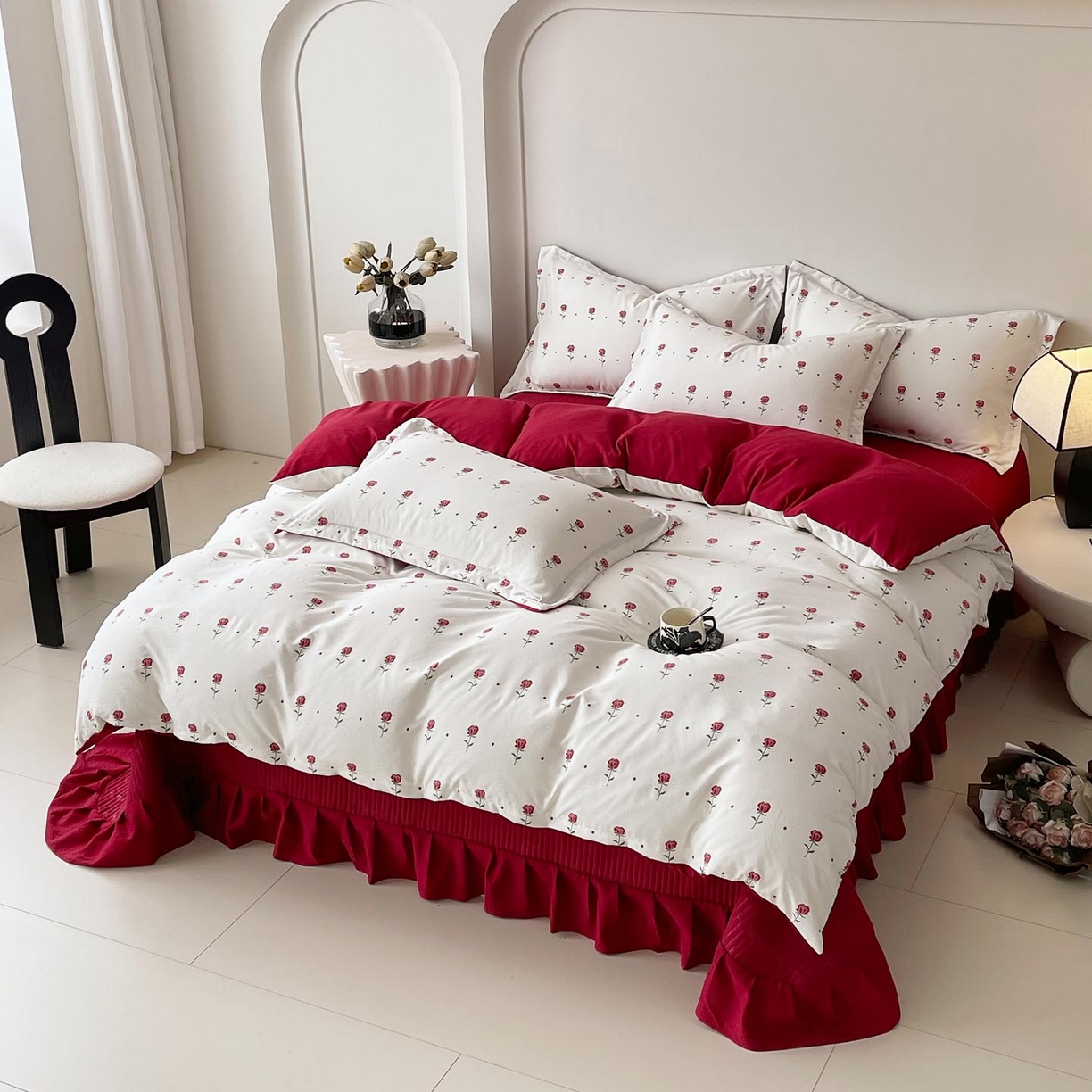 91家纺网 家纺一手货源 找家纺 锦彩家居 2026新款皱皱水洗棉床盖四件套 卡地亚-红