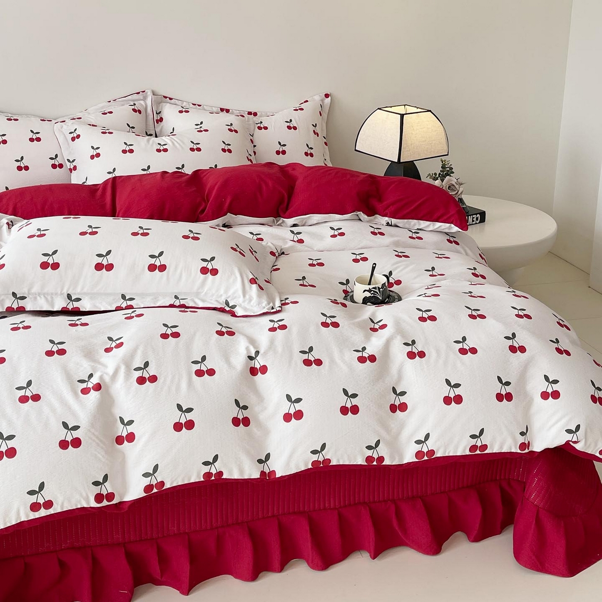 91家纺网 家纺一手货源 找家纺 锦彩家居 2026新款皱皱水洗棉床盖四件套 樱桃蜜语