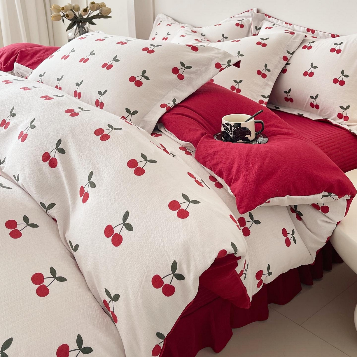 锦彩家居 2026新款皱皱水洗棉床盖四件套 樱桃蜜语