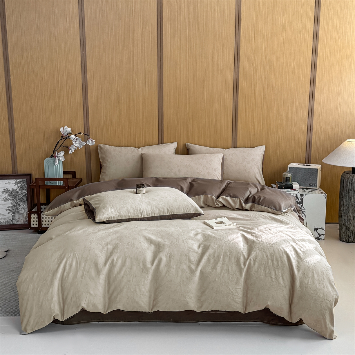 91家纺网 家纺一手货源 找家纺 灰鲸 2026新款全棉纯棉三层纱色织提花四件套 花影-可可奶咖