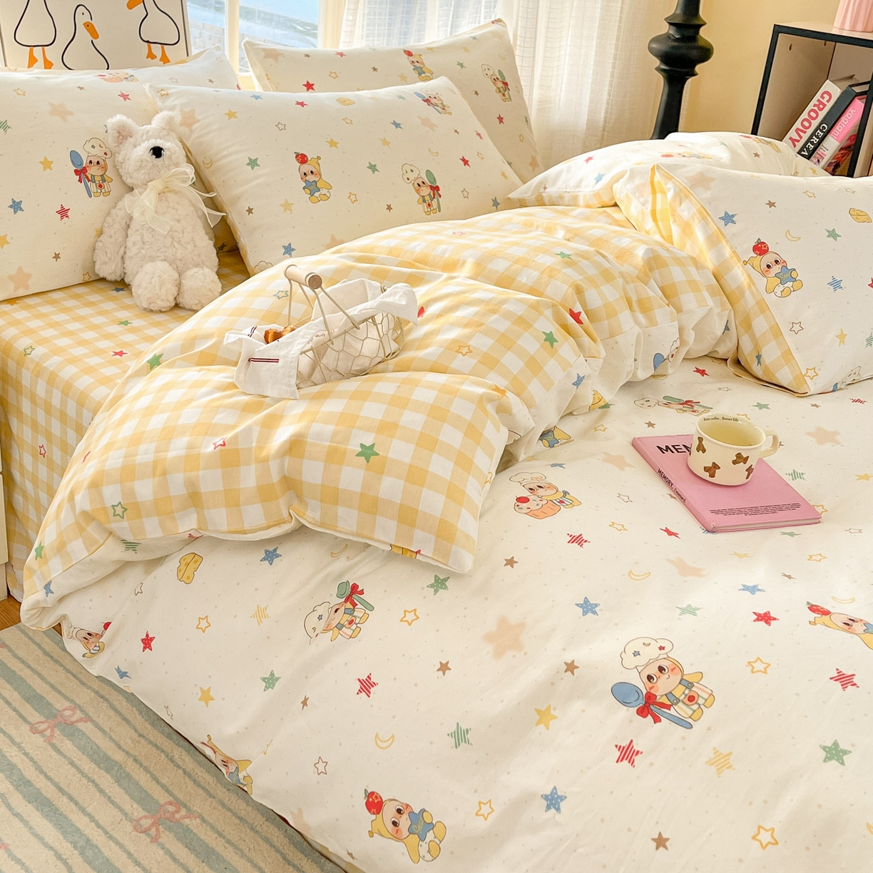 91家纺网 家纺一手货源 找家纺 睡美美家纺 2026新款全棉纯棉斜纹印花喷气小清新四季款学生三件套四件套 快乐小星星