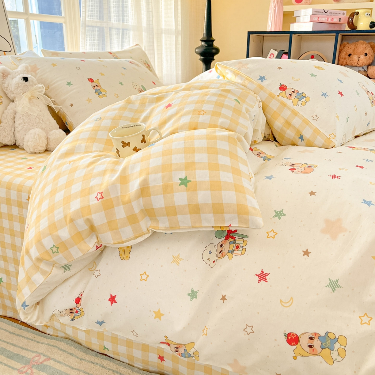 91家纺网 家纺一手货源 找家纺 睡美美家纺 2026新款全棉纯棉斜纹印花喷气小清新四季款学生三件套四件套 快乐小星星