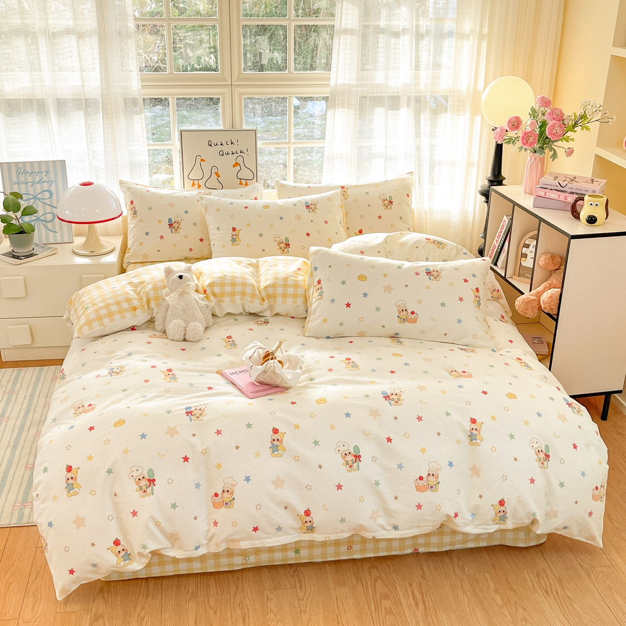 91家纺网 家纺一手货源 找家纺 睡美美家纺 2026新款全棉纯棉斜纹印花喷气小清新四季款学生三件套四件套 快乐小星星