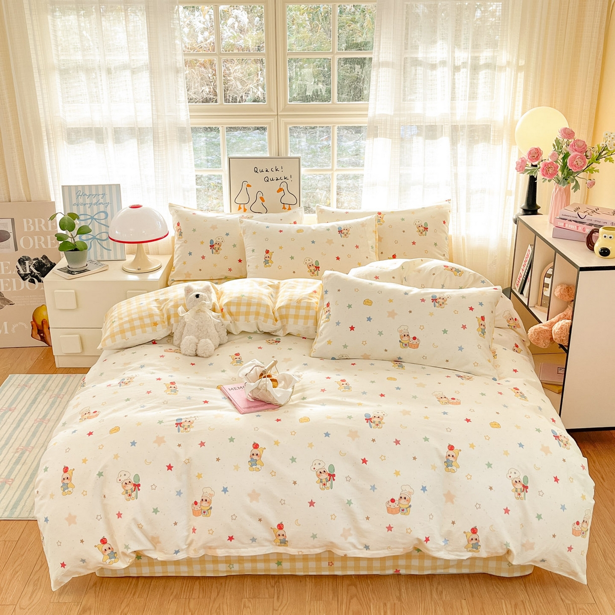 91家纺网 家纺一手货源 找家纺 睡美美家纺 2026新款全棉纯棉斜纹印花喷气小清新四季款学生三件套四件套 快乐小星星