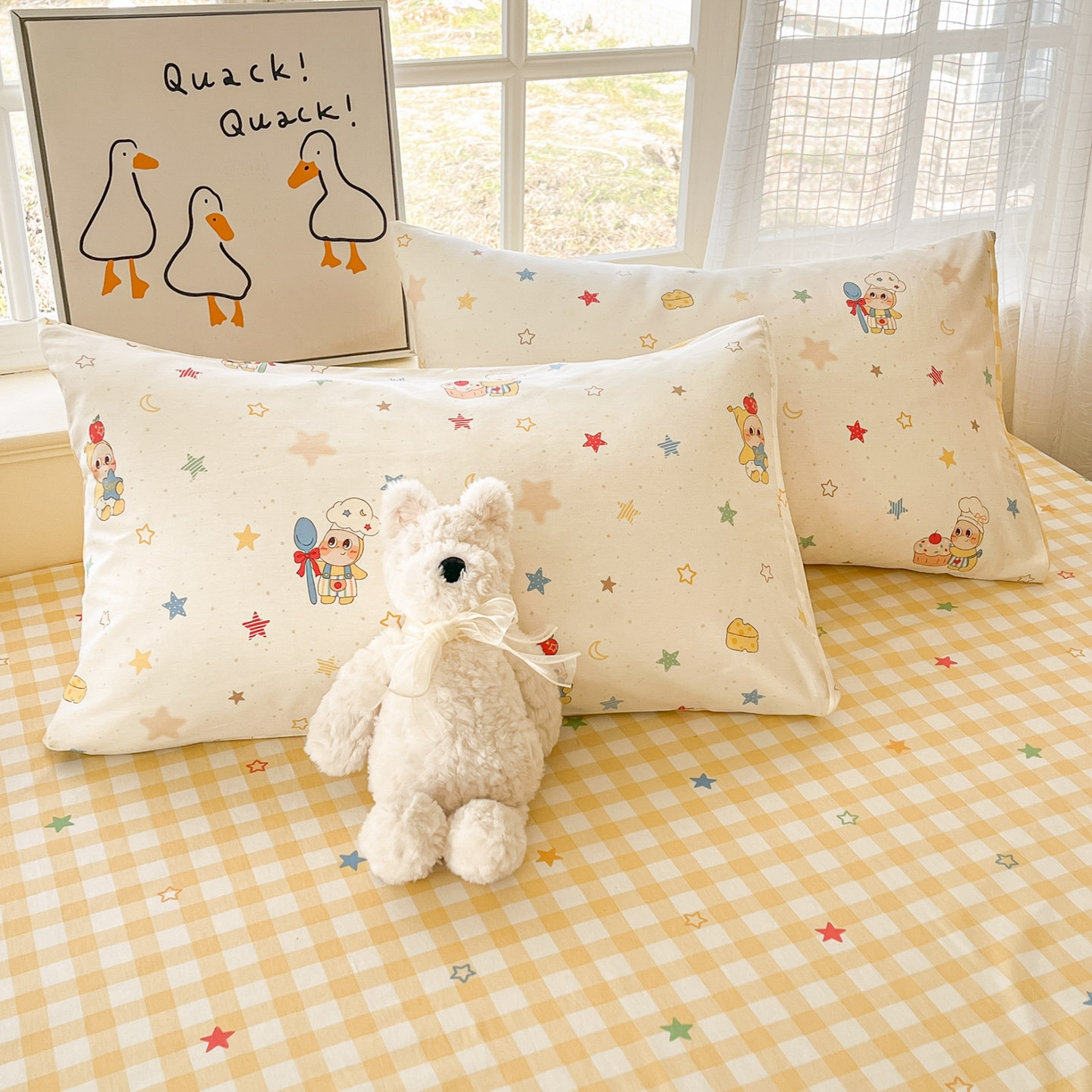 91家纺网 家纺一手货源 找家纺 睡美美家纺 2026新款全棉纯棉斜纹印花喷气小清新四季款学生三件套四件套 快乐小星星