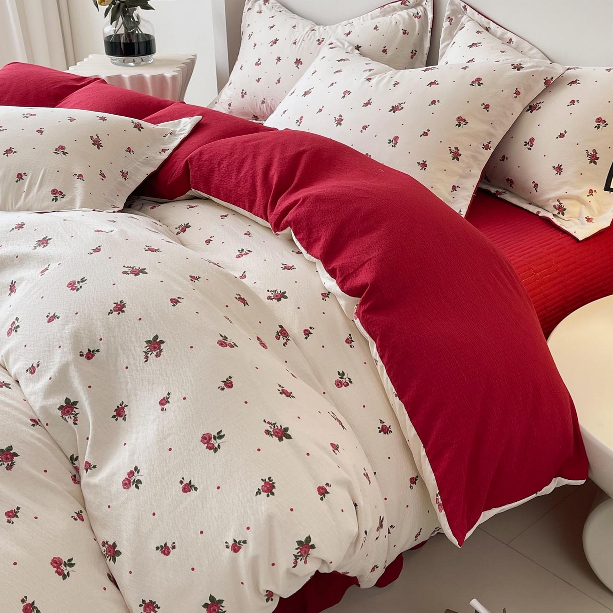 91家纺网 家纺一手货源 找家纺 锦彩家居 2026新款皱皱水洗棉床盖四件套 玫瑰园