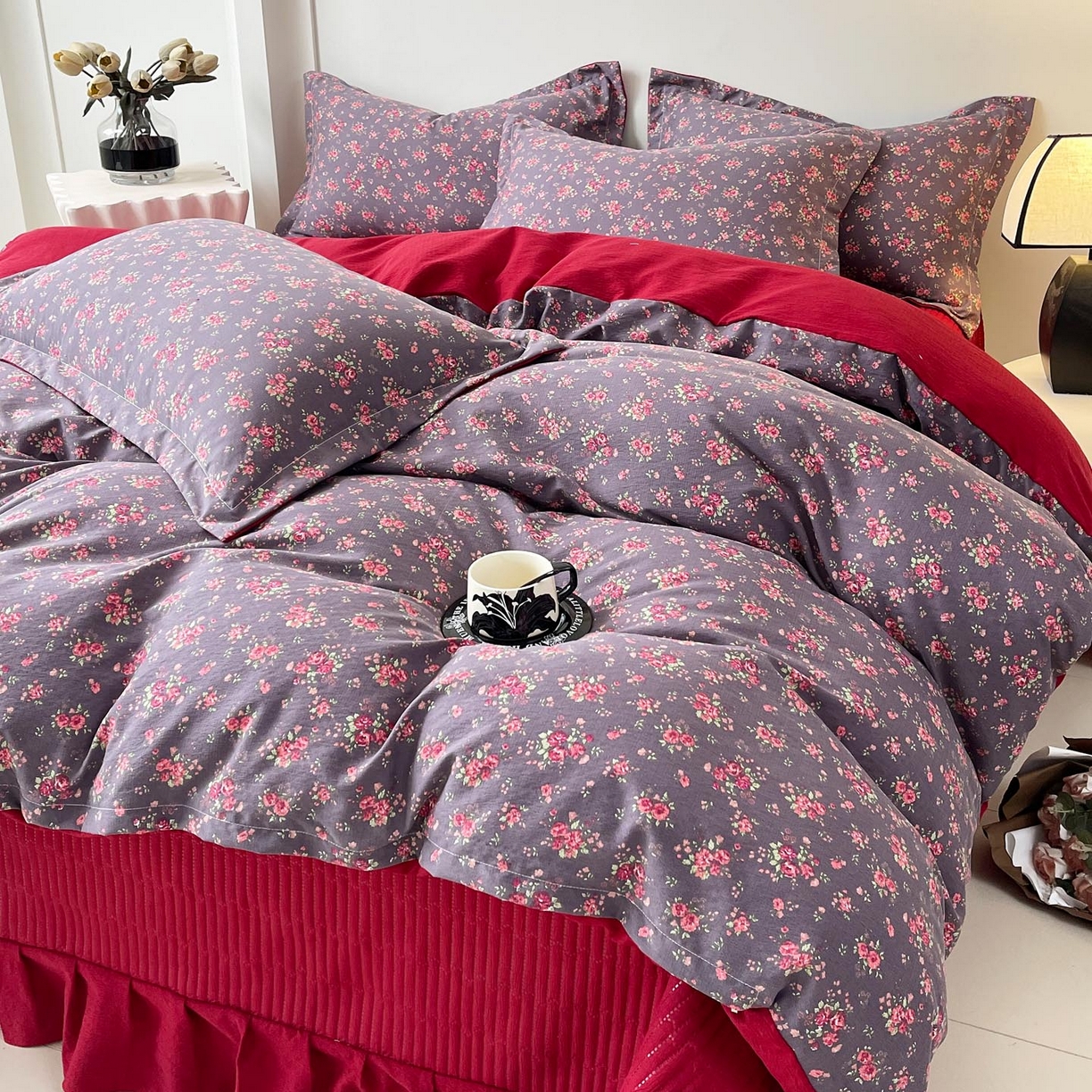 91家纺网 家纺一手货源 找家纺 锦彩家居 2026新款皱皱水洗棉床盖四件套 繁花