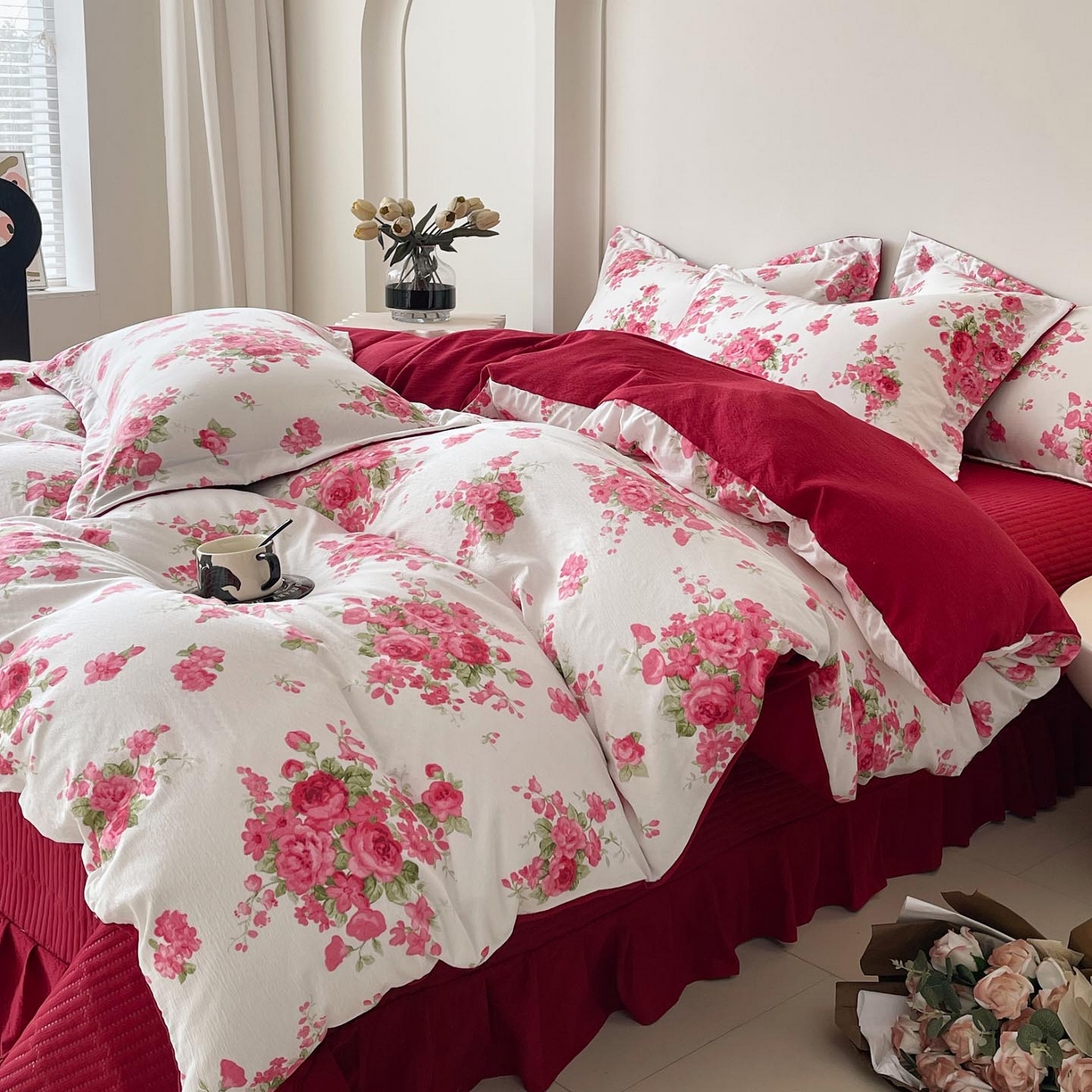 91家纺网 家纺一手货源 找家纺 锦彩家居 2026新款皱皱水洗棉床盖四件套 安妮