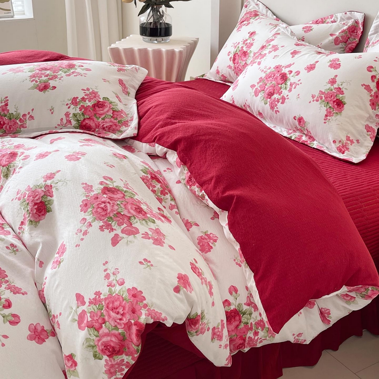 91家纺网 家纺一手货源 找家纺 锦彩家居 2026新款皱皱水洗棉床盖四件套 安妮