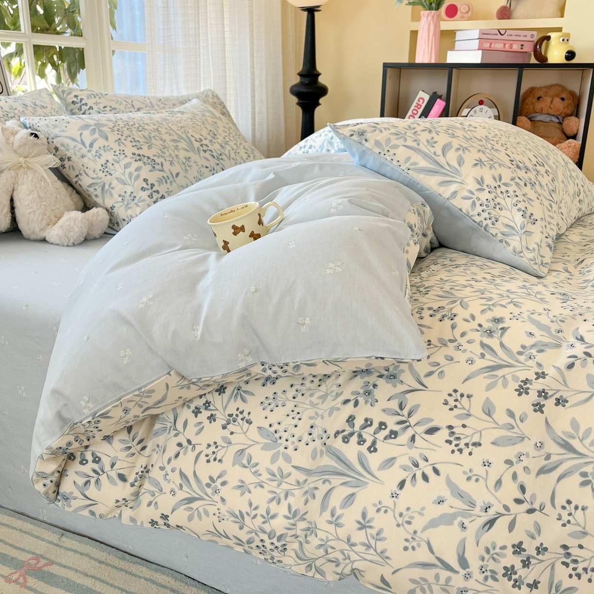 91家纺网 家纺一手货源 找家纺 睡美美家纺 2026新款全棉纯棉斜纹印花喷气小清新四季款学生三件套四件套 蓝沫