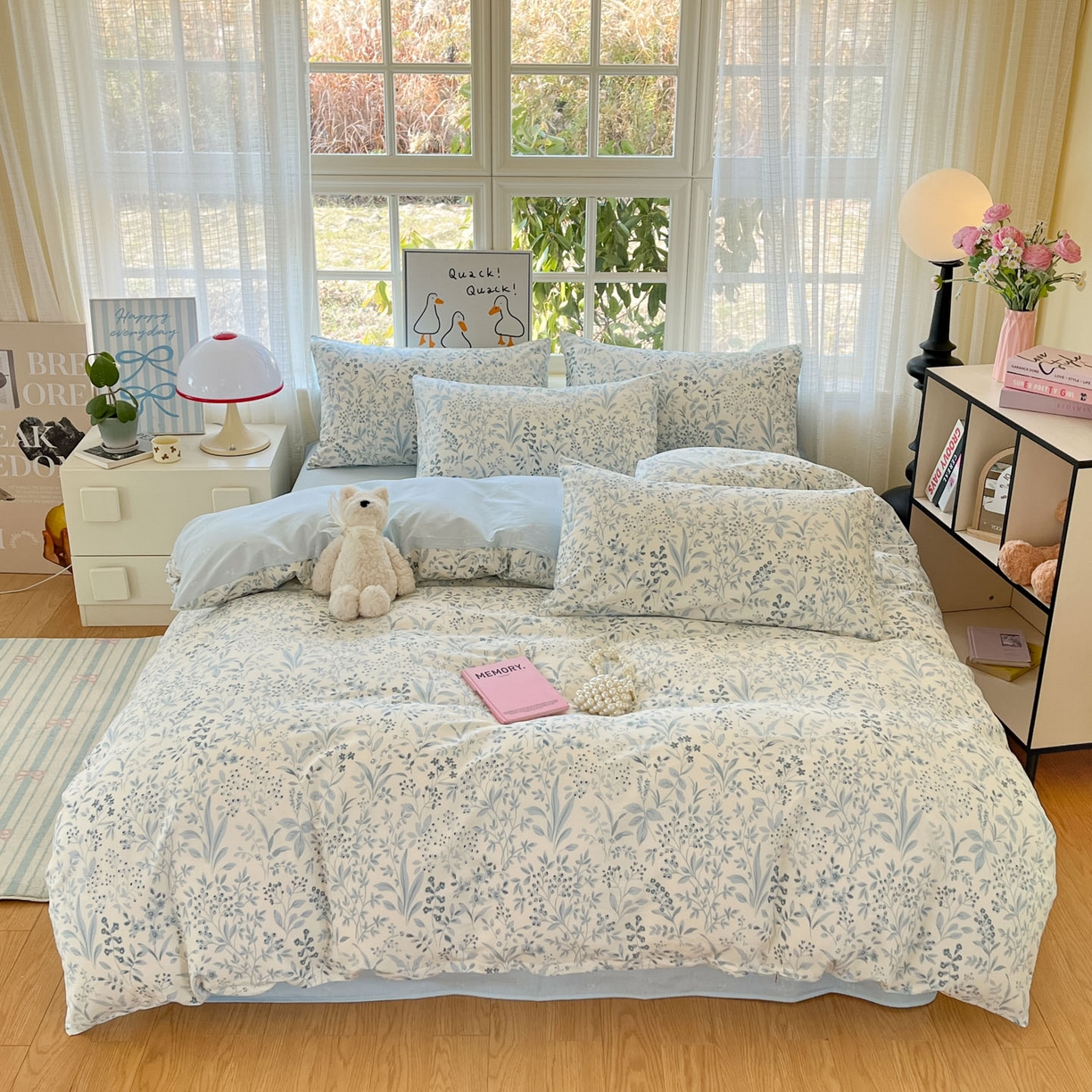 91家纺网 家纺一手货源 找家纺 睡美美家纺 2026新款全棉纯棉斜纹印花喷气小清新四季款学生三件套四件套 蓝沫