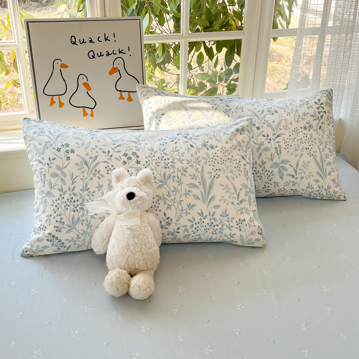 91家纺网 家纺一手货源 找家纺 睡美美家纺 2026新款全棉纯棉斜纹印花喷气小清新四季款学生三件套四件套 蓝沫