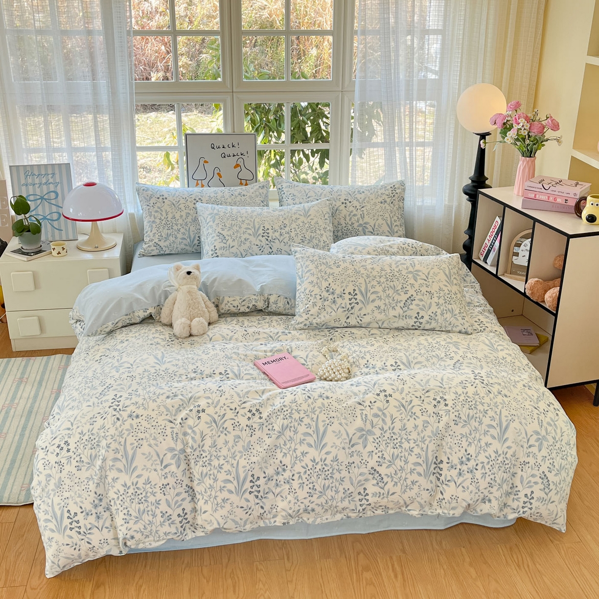 91家纺网 家纺一手货源 找家纺 睡美美家纺 2026新款全棉纯棉斜纹印花喷气小清新四季款学生三件套四件套 蓝沫