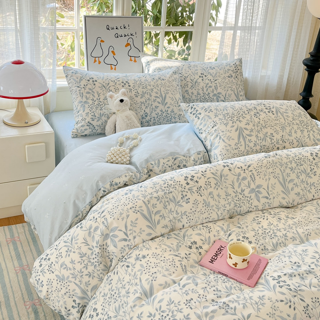 91家纺网 家纺一手货源 找家纺 睡美美家纺 2026新款全棉纯棉斜纹印花喷气小清新四季款学生三件套四件套 蓝沫