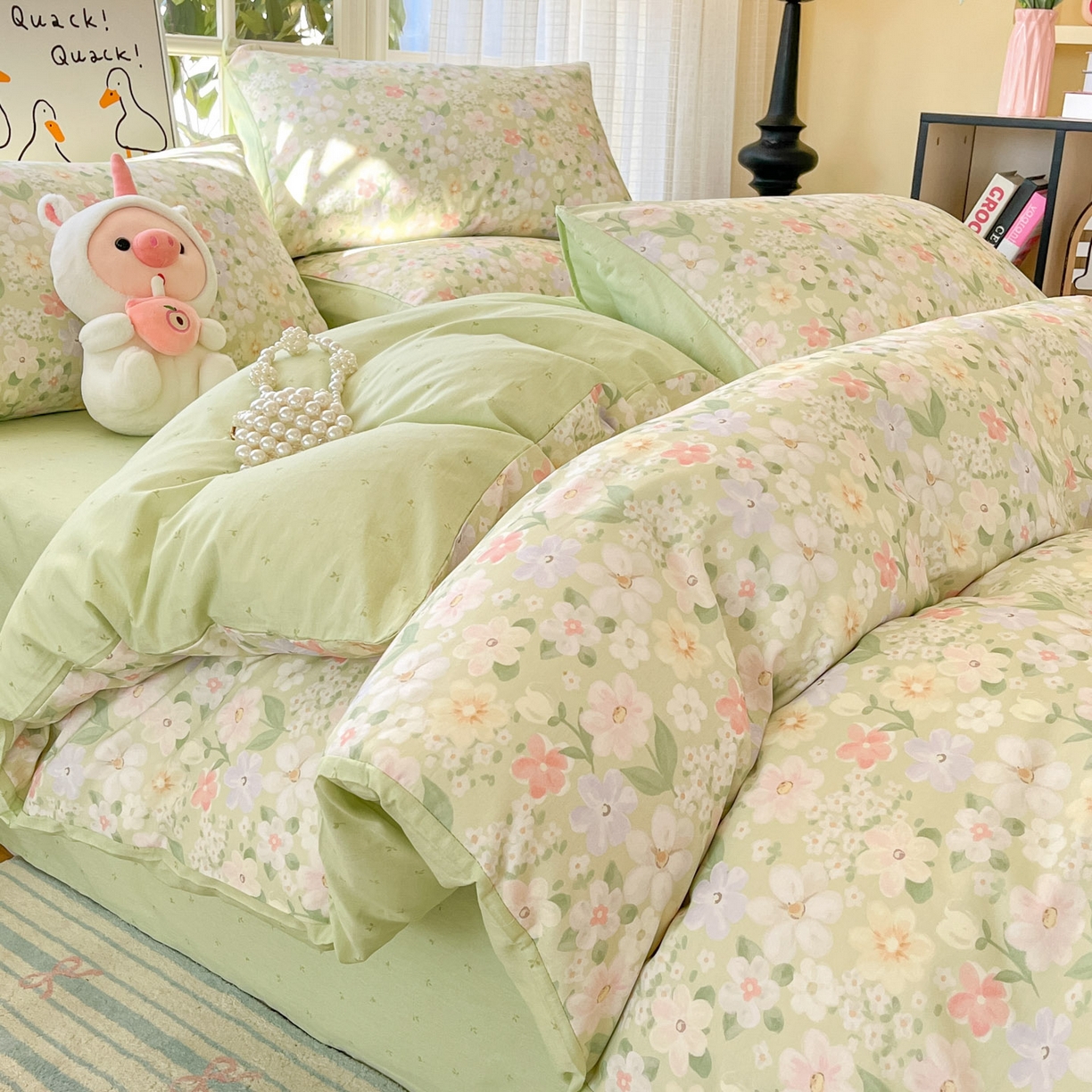 睡美美家纺 2026新款全棉纯棉斜纹印花喷气小清新四季款学生三件套四件套 绿意