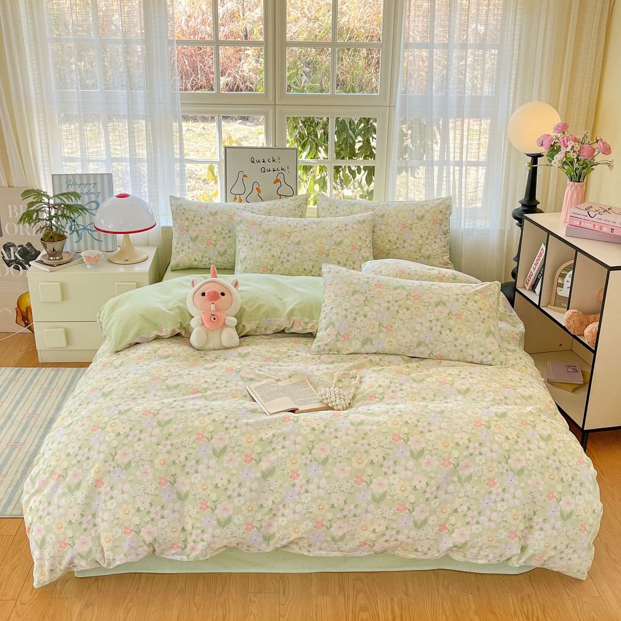 91家纺网 家纺一手货源 找家纺 睡美美家纺 2026新款全棉纯棉斜纹印花喷气小清新四季款学生三件套四件套 绿意