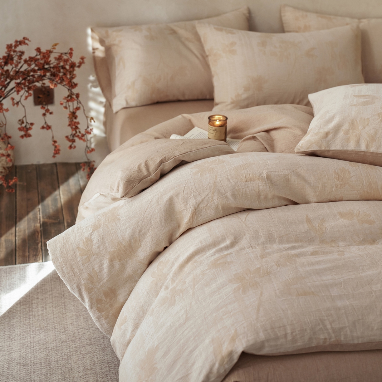 91家纺网 家纺一手货源 找家纺 如一 2026新款色织提花全棉水洗棉四件套第一批 兰序-咖