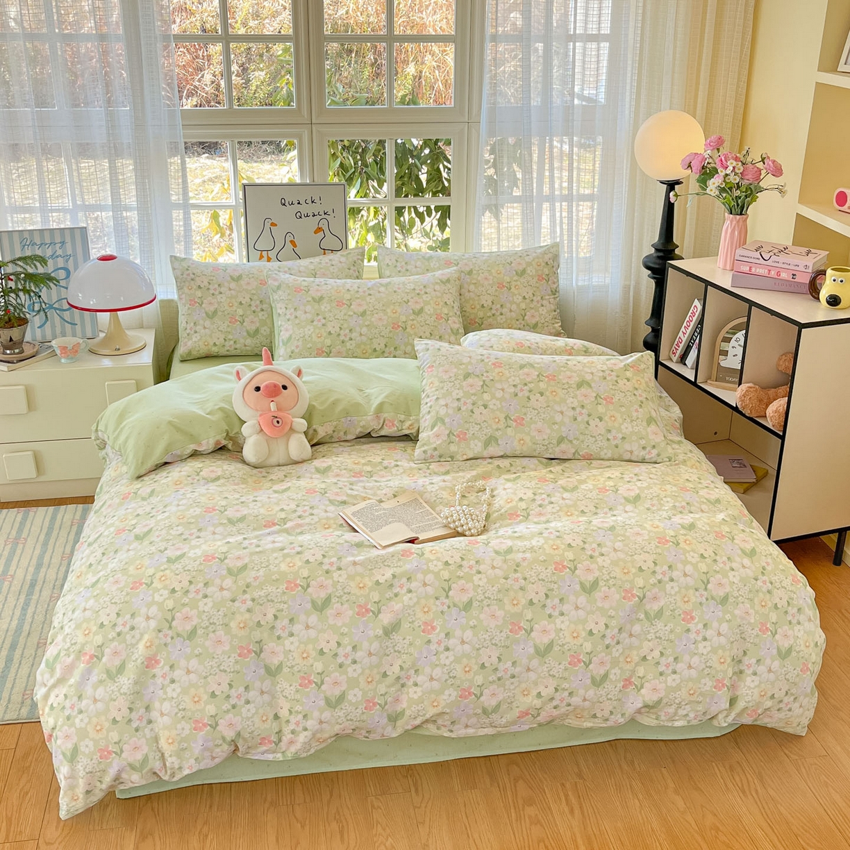 91家纺网 家纺一手货源 找家纺 睡美美家纺 2026新款全棉纯棉斜纹印花喷气小清新四季款学生三件套四件套 绿意