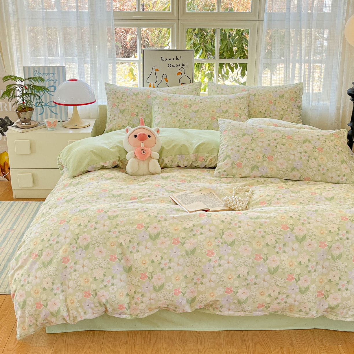 91家纺网 家纺一手货源 找家纺 睡美美家纺 2026新款全棉纯棉斜纹印花喷气小清新四季款学生三件套四件套 绿意