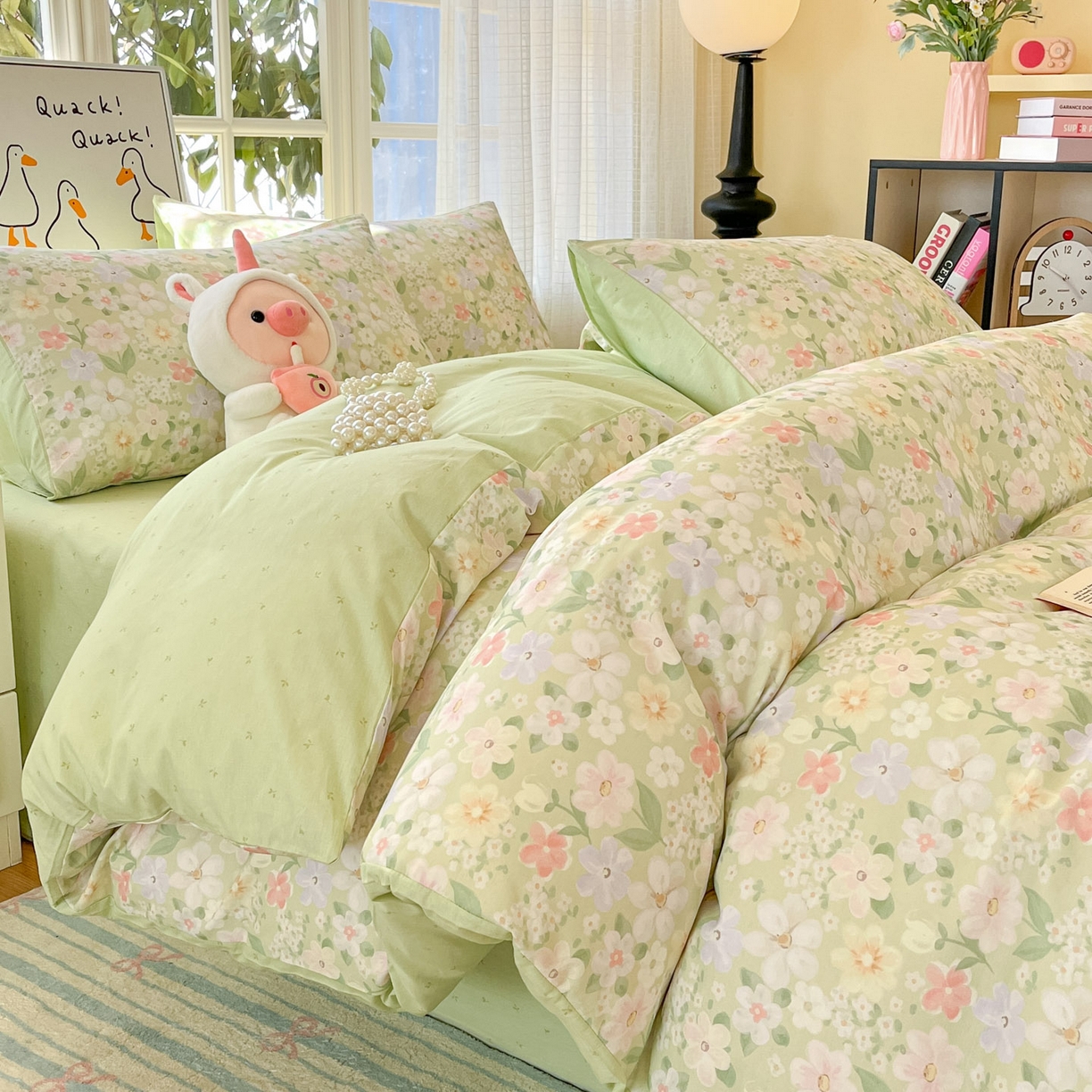 91家纺网 家纺一手货源 找家纺 睡美美家纺 2026新款全棉纯棉斜纹印花喷气小清新四季款学生三件套四件套 绿意