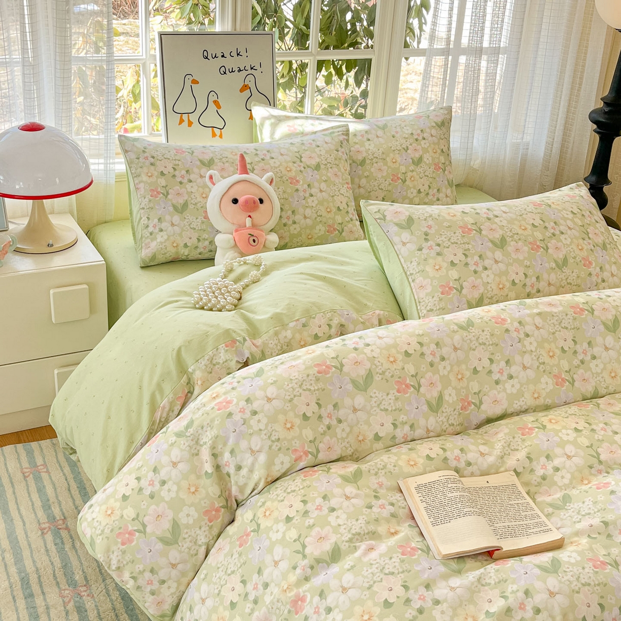 91家纺网 家纺一手货源 找家纺 睡美美家纺 2026新款全棉纯棉斜纹印花喷气小清新四季款学生三件套四件套 绿意